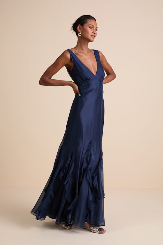 Deluca Navy Floral Sleeveless Ruffled Maxi Dress