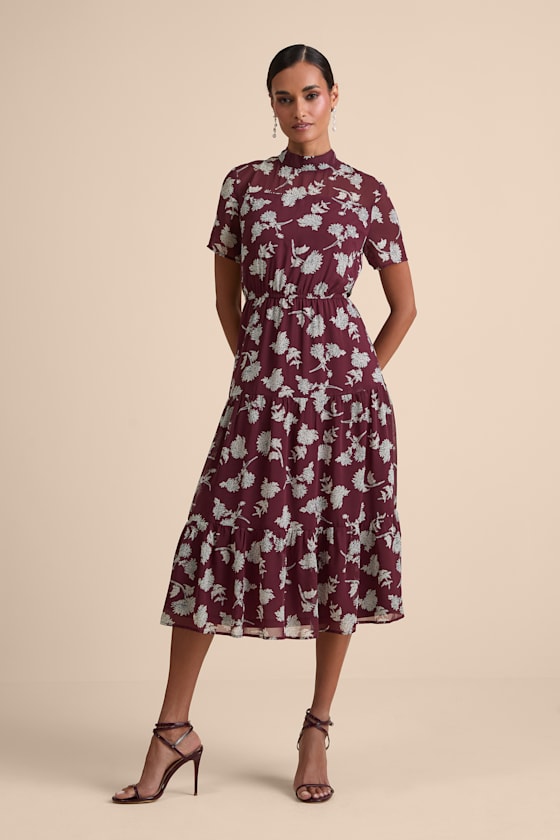 Floral Dressed Up Burgundy Floral Print Midi Dress