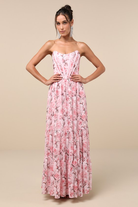 Special Moment Pink Floral Strapless Bustier Maxi Dress