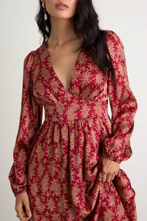 Graceful Impression Wine Red Floral Print Midi Dress