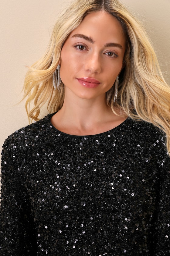 Sparkling Behavior Black Sequin Feather Long Sleeve Top