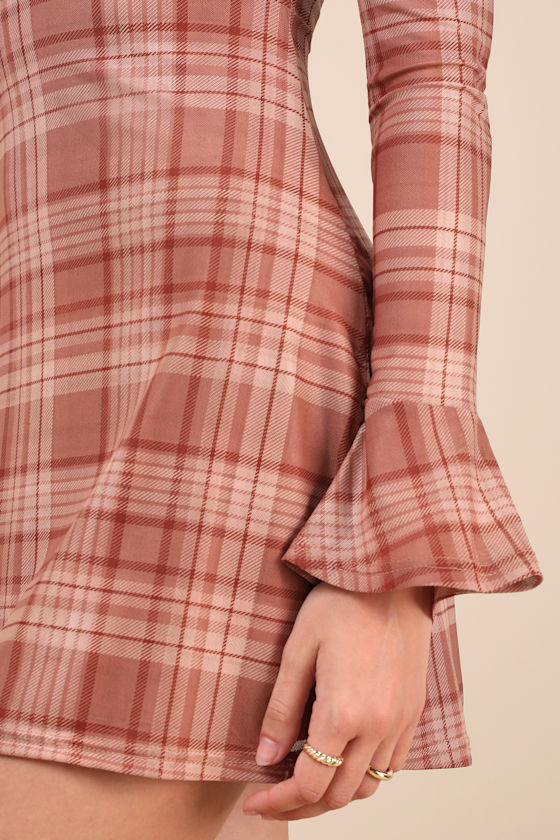 Especially Adored Light Brown Plaid Long Sleeve Mini Dress