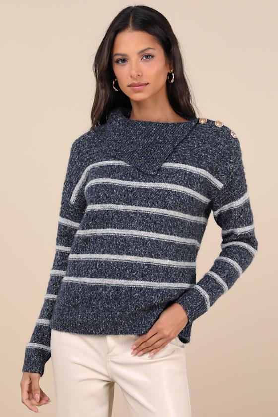 Cozy Warmth Navy Blue Marled Striped Sweater