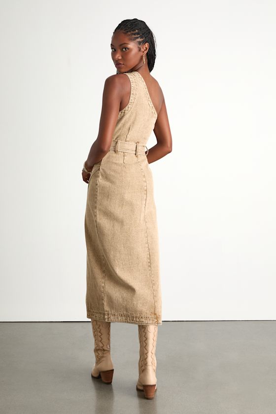Avelina Washed Tan Denim One-Shoulder Belted Midi Dress