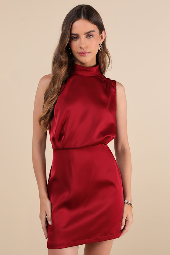 Classic Elegance Wine Red Satin Sleeveless Mock Neck Mini Dress