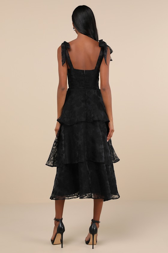 Glamorous Sweetie Black Burnout Tie-Strap Bustier Midi Dress