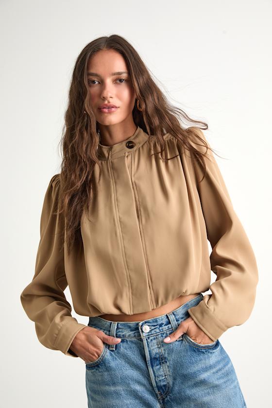 Melanya Tan Puff Sleeve Cropped Bubble-Hem Jacket