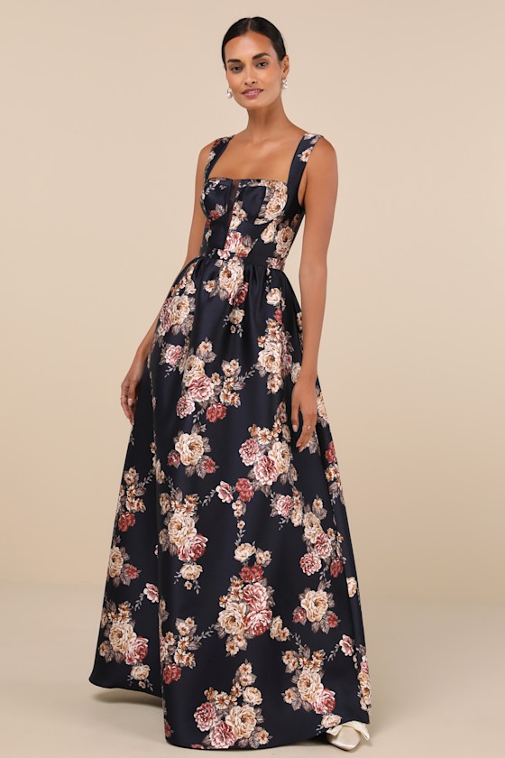 Elegant Pick Navy Blue Floral Sleeveless Bustier Maxi Dress