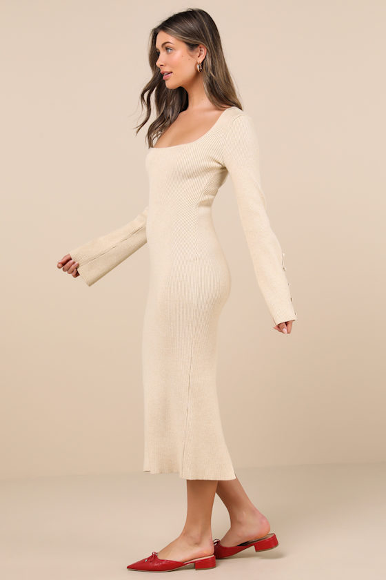 Classy Attitude Beige Ribbed Square Neck Midi Sweater Dress