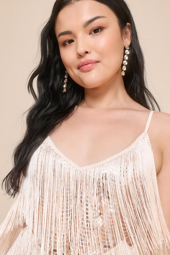 Get in the Groove Champagne Sequin Fringe Bodycon Dress