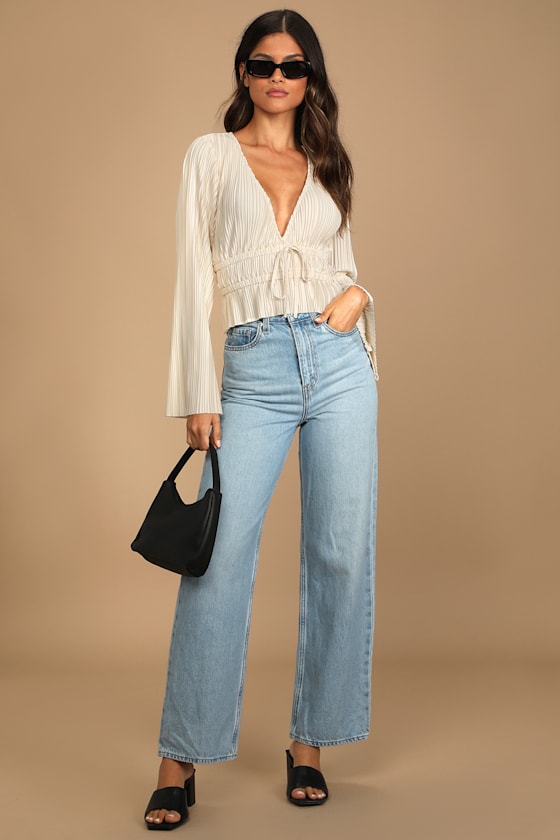 Staying Optimistic Champagne Pleated Bell Sleeve Top