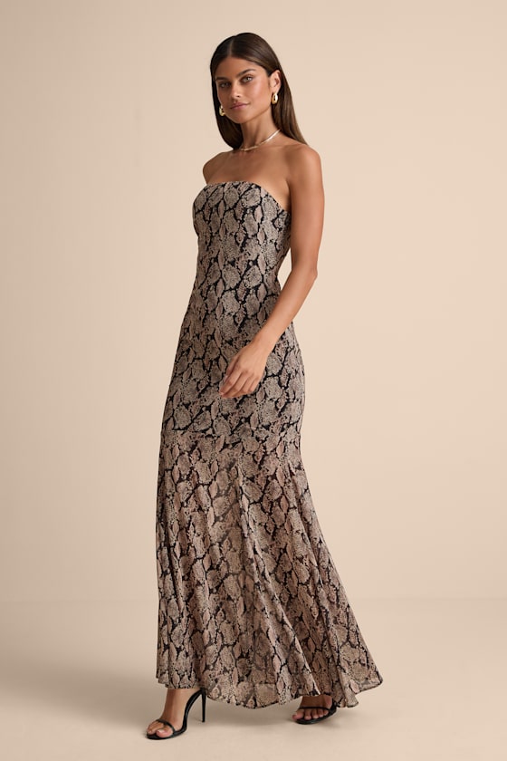 Cherette Brown Snake Print Strapless Maxi Dress