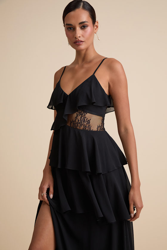 Dalena Black Ruffled Lace Maxi Dress