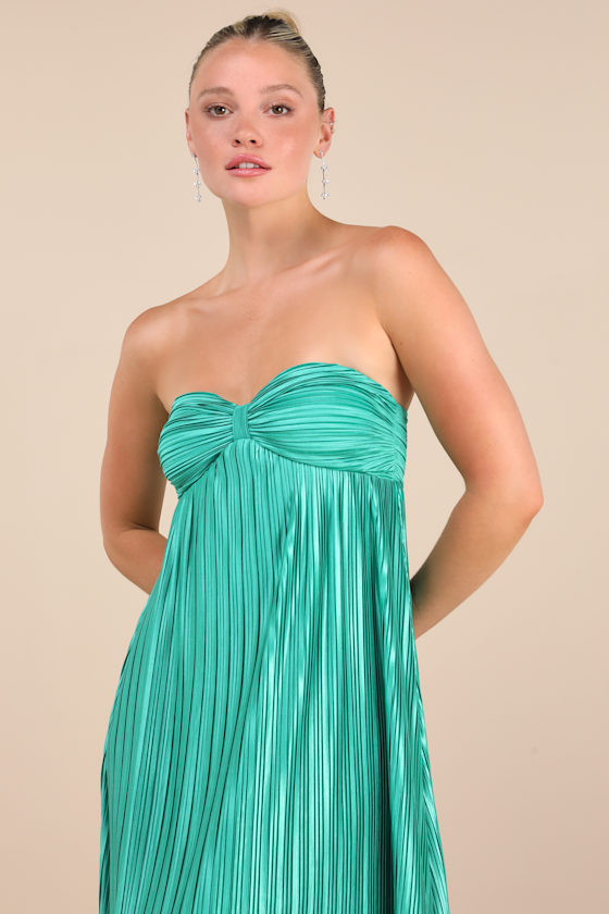 Whimsical Beauty Teal Green Satin Plisse Strapless Maxi Dress
