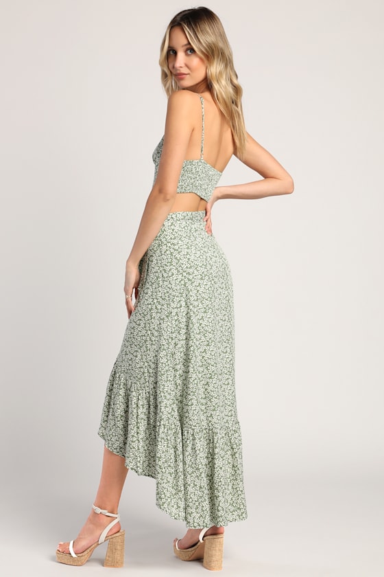 Summer Romance Sage Green Floral Print Two-Piece Midi Dress