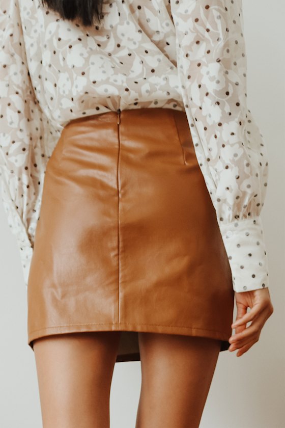 Walking the Walk Camel Vegan Leather Mini Skirt