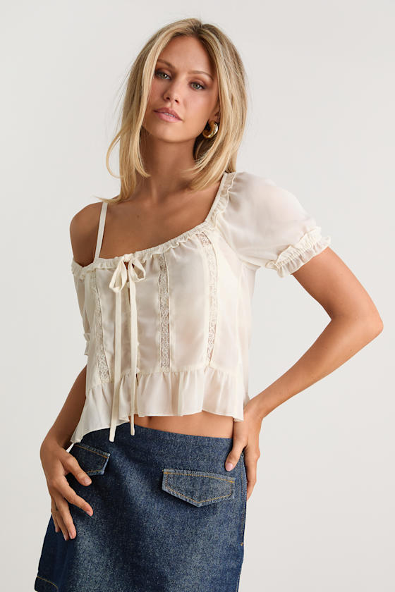 Bettine Cream Ruffled Slightly Sheer Short Sleeve Top