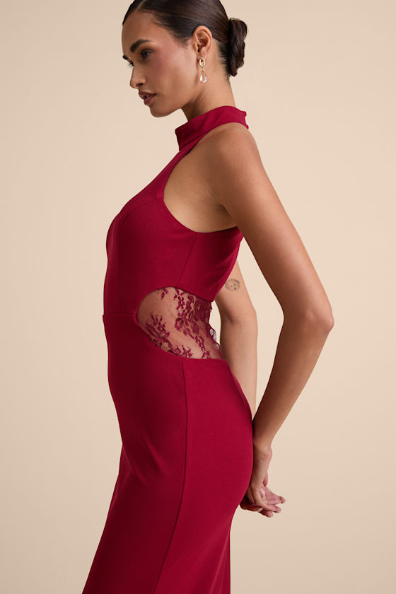 Vira Red Mock Neck Lace Cutout Maxi Dress