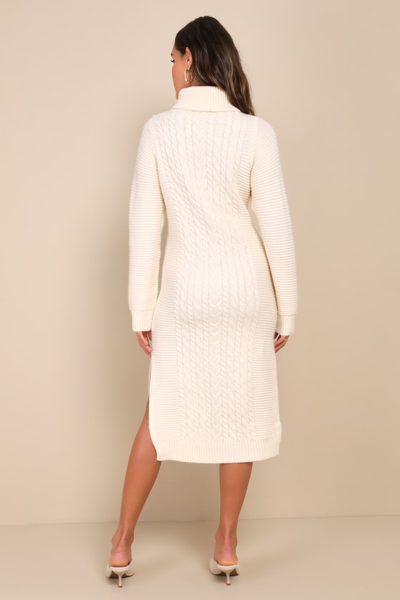 Snuggly Forecast Cream Cable Knit Turtleneck Sweater Midi Dress