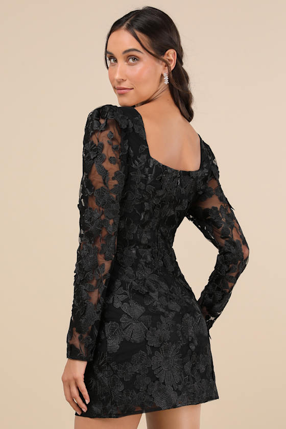 Masterfully Eloquent Black 3D Floral Mini Dress