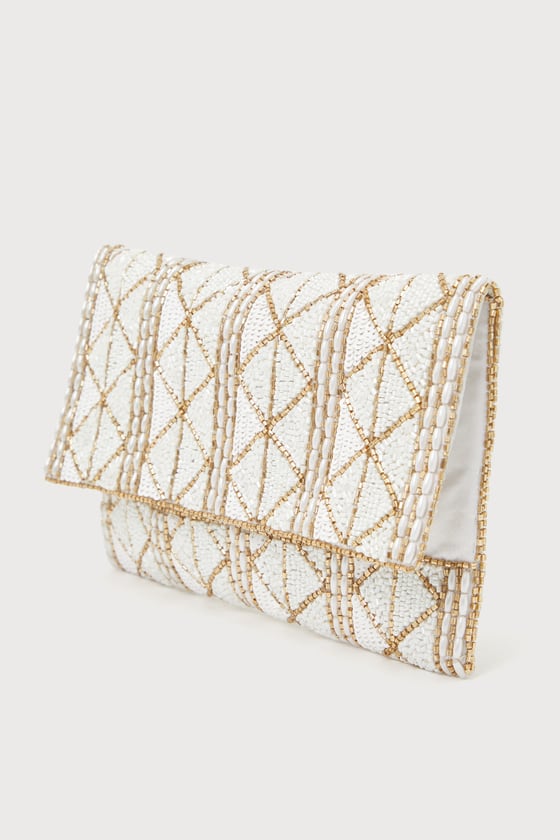 Glowing Perception Ivory and Gold Geometric Beaded Sequin Clutch