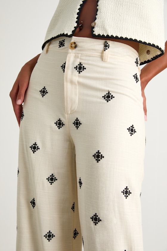 Elwen Cream and Black Linen Embroidered High-Rise Pants
