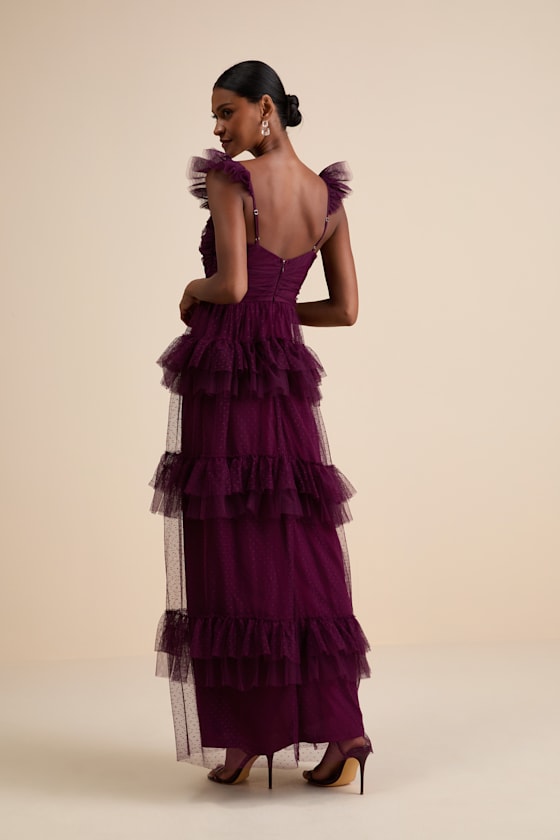 Pure Radiance Plum Purple Mesh Swiss Dot Tiered Maxi Dress