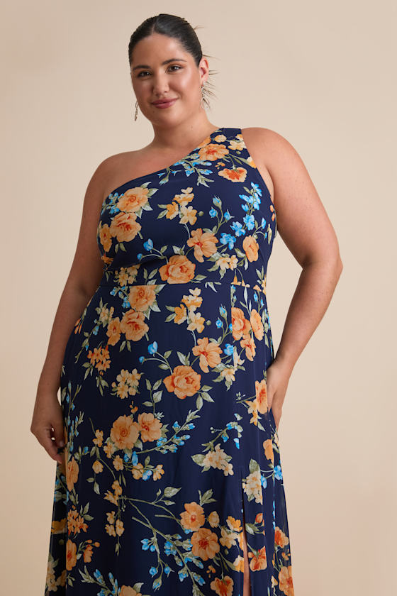 Elegant Admiration Navy Blue Floral One-Shoulder Maxi Dress