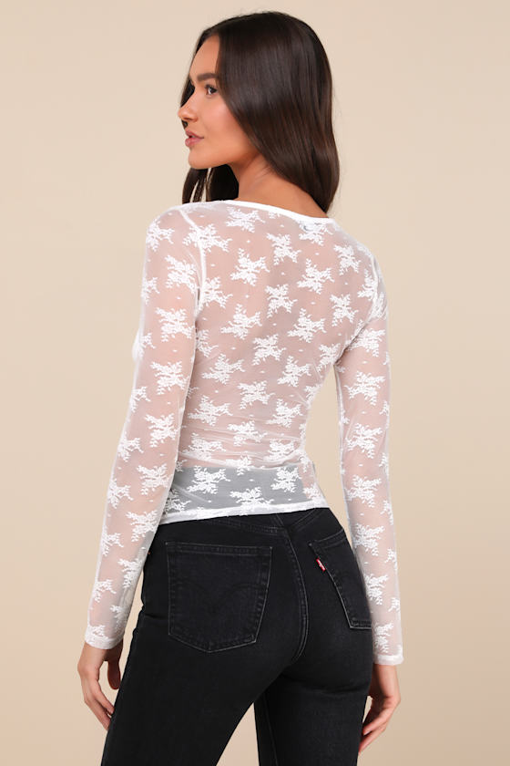 Decadently Sweet White Lace Sheer Back Long Sleeve Top