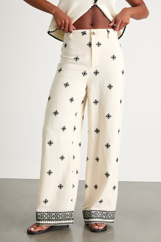 Elwen Cream and Black Linen Embroidered High-Rise Pants