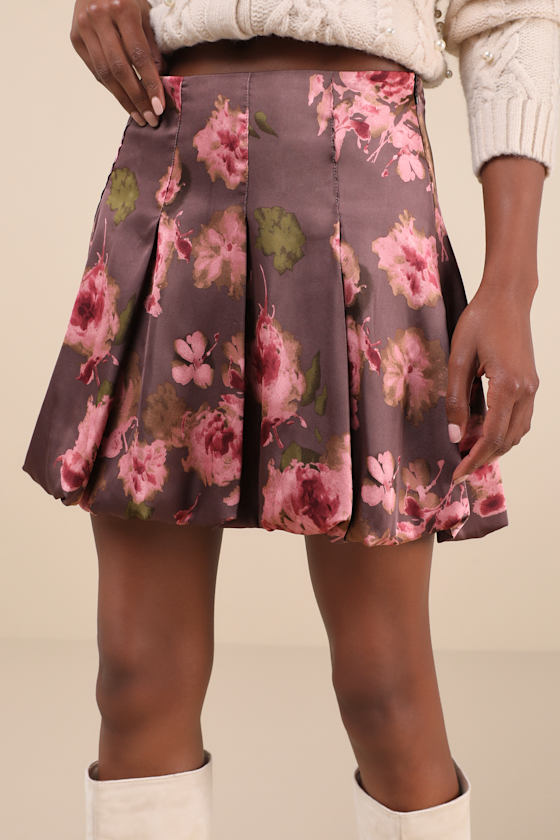 Darling Curation Dark Mauve Floral Bubble-Hem Mini Skirt