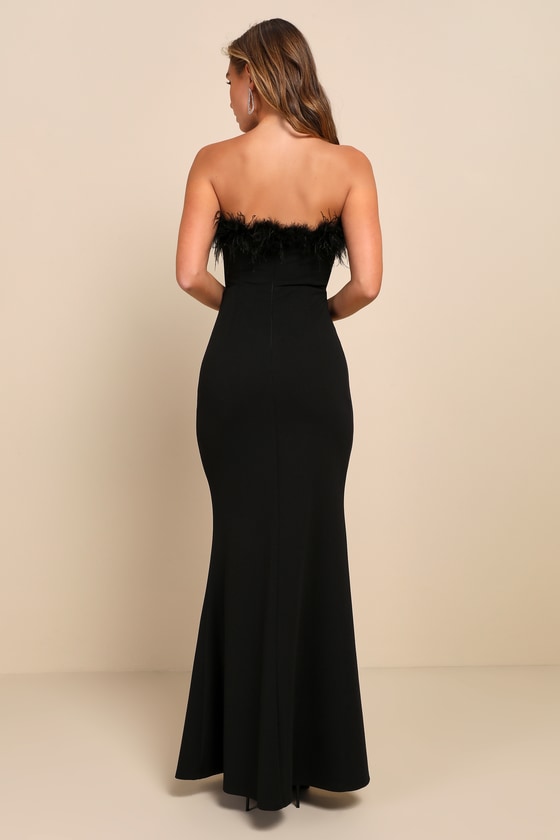 Extraordinary Glam Black Feather Strapless Mermaid Maxi Dress