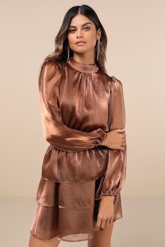 Ideal Behavior Bronze Metallic Backless Tiered Mini Dress