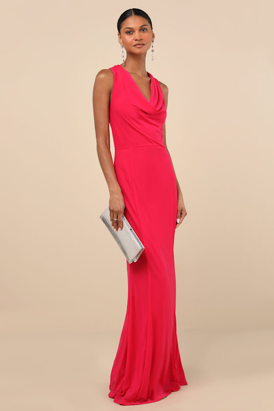 Stunning Mystery Fuchsia Mesh Cowl Back Mermaid Maxi Dress