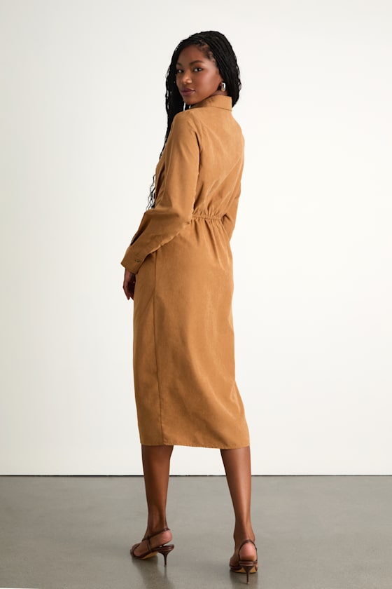 Autumnal Views Tan Suede Button-Up Tie-Front Midi Dress