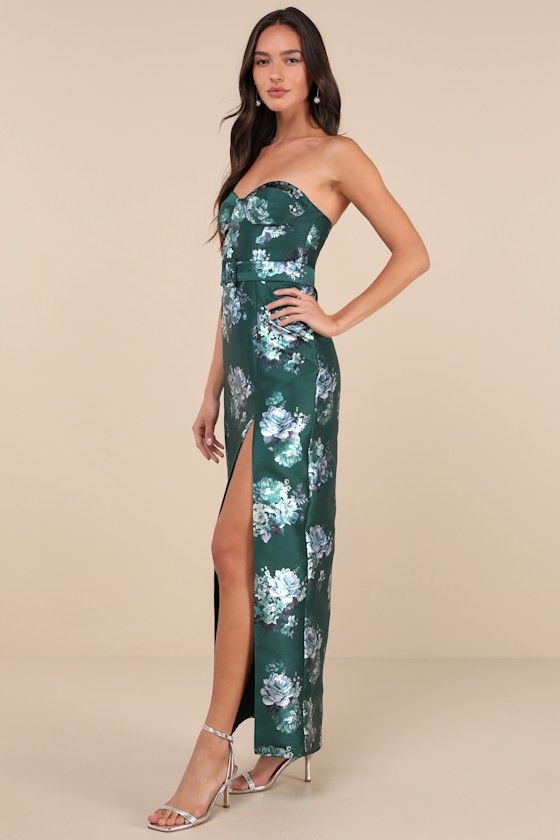 Luxe Sweetie Emerald Floral Taffeta Belted Strapless Maxi Dress