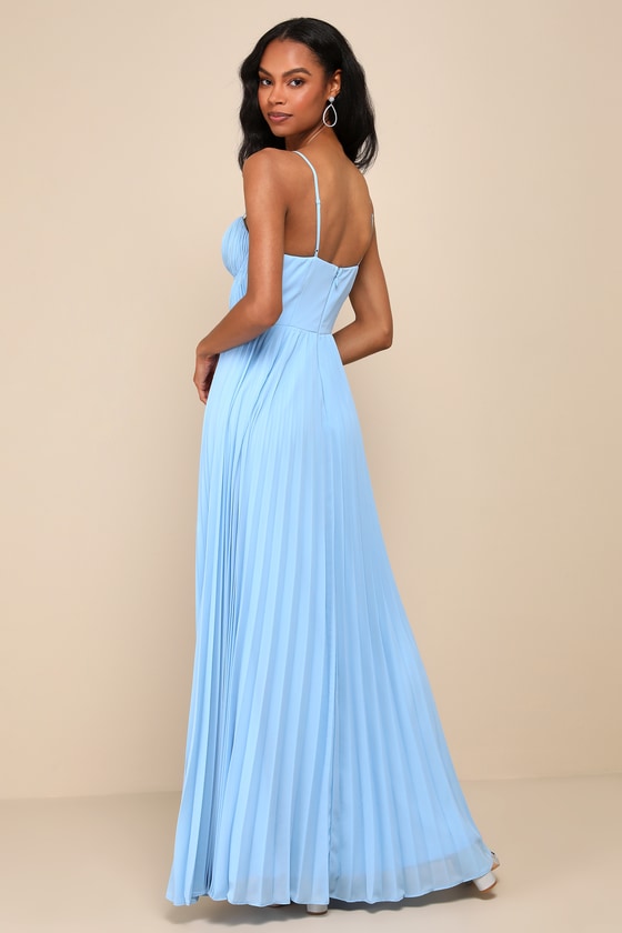 Admirable Elegance Light Blue Pleated Bustier Maxi Dress