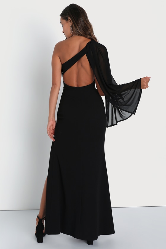 Majestic Attitude Black Cape Sleeve One-Shoulder Maxi Dress