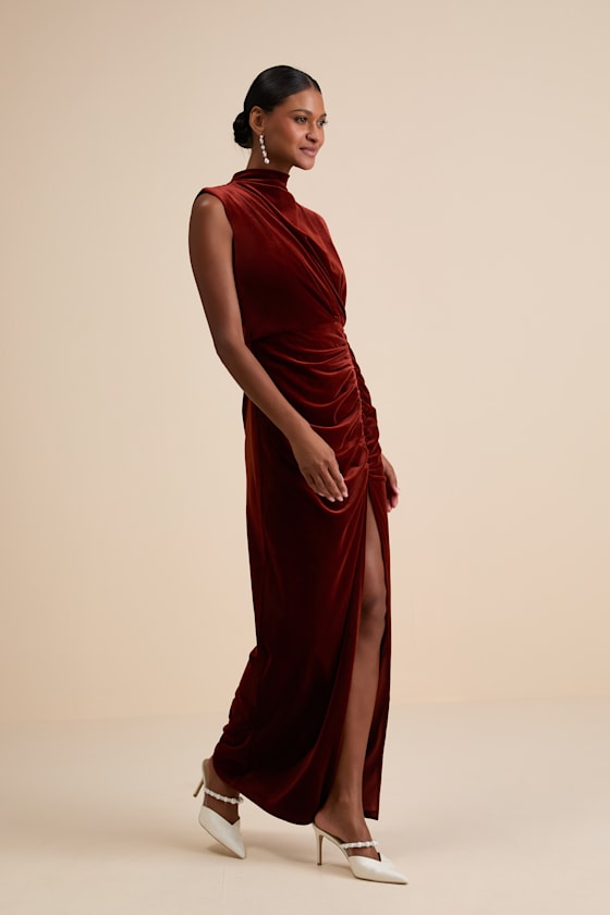 Alluring Image Rust Red Ruched Velvet Mock Neck Maxi Dress
