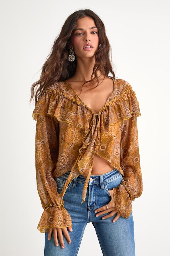 Azlynn Golden Yellow Boho Print Ruffled Tie-Front Top