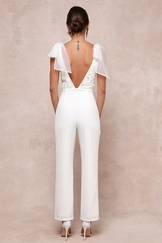 Dignified Beauty White Mesh Embroidered Tie-Strap Jumpsuit