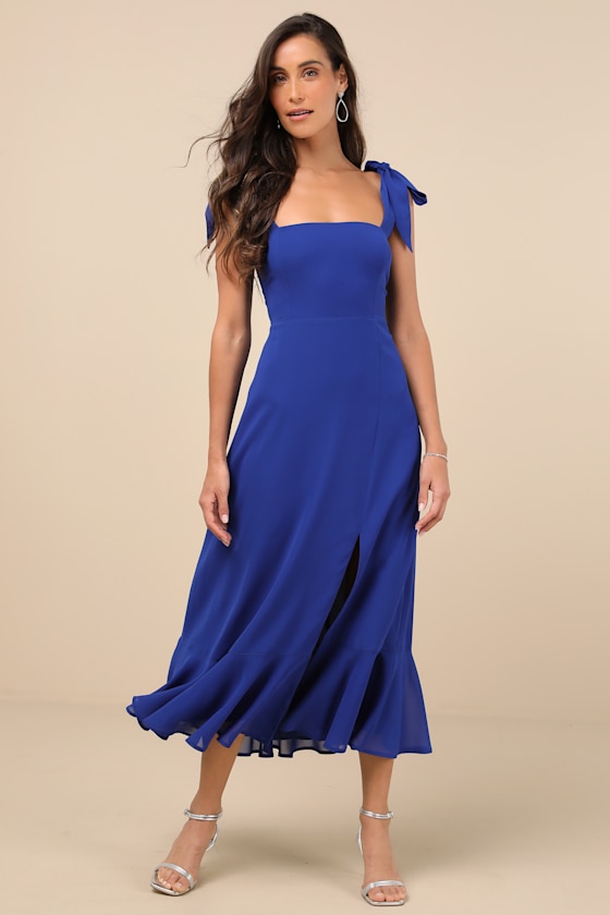 Summer Invite Royal Blue Tie-Strap Tiered Midi Dress