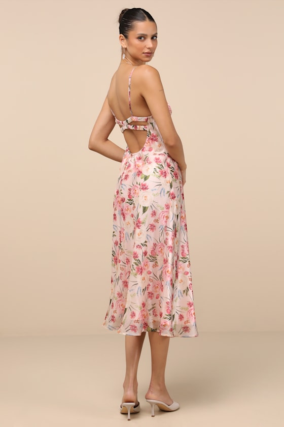 Alaia Blush Multi Floral Satin Backless Midi Dress