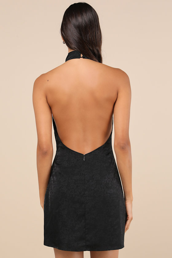 Simply a Stunner Black Jacquard Cowl Backless Mini Dress