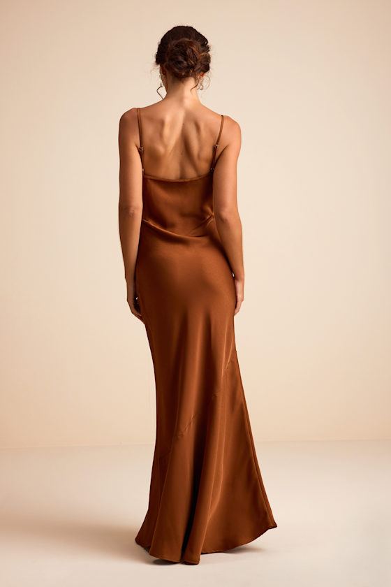 Riyona Rust Brown Satin Seamed Sleeveless Maxi Dress