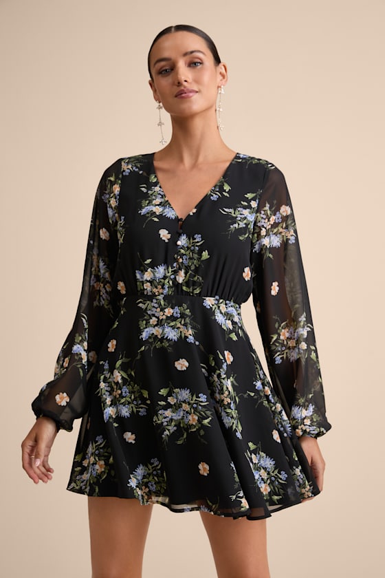 Always Your Black Floral Print Long Sleeve Skater Dress