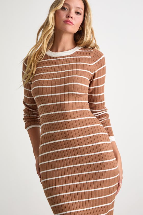 Ever So Effortless Light Brown Striped Ribbed Midi Sweater Dress