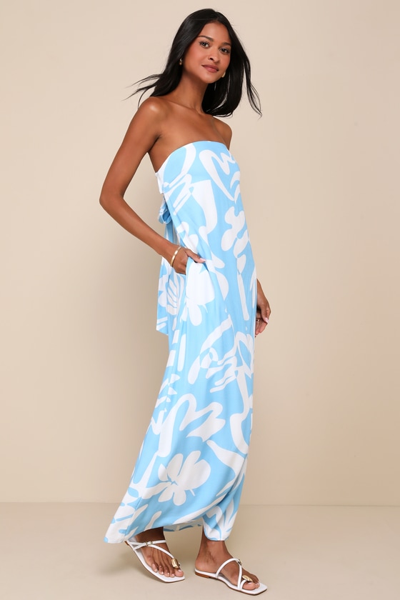 Summering in São Paulo Light Blue Abstract Strapless Maxi Dress