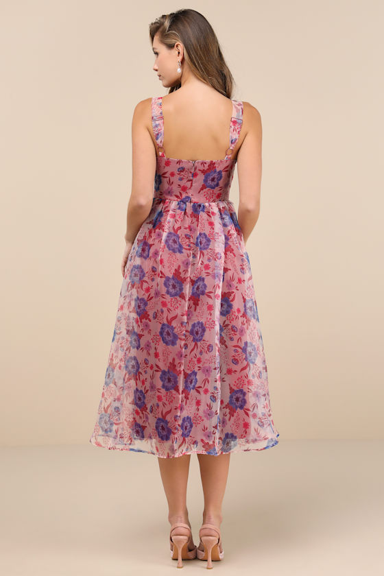 Delightful Look Magenta Floral Print Bustier Midi Skater Dress