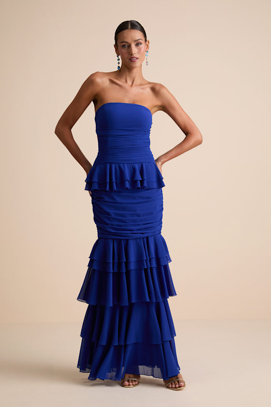 Loni Blue Strapless Ruffled Maxi Dress